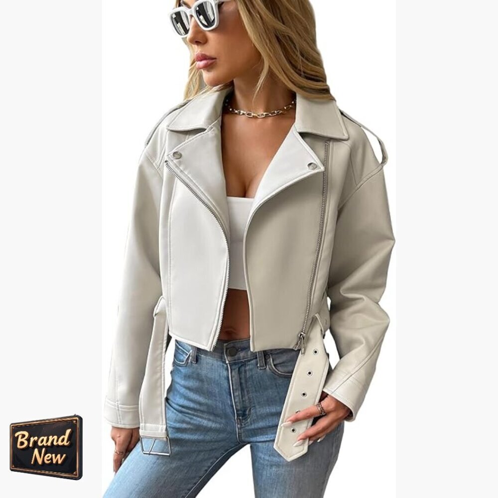 Faux Leather Cropped Biker Jacket with Belt, Vegan Motor Coat